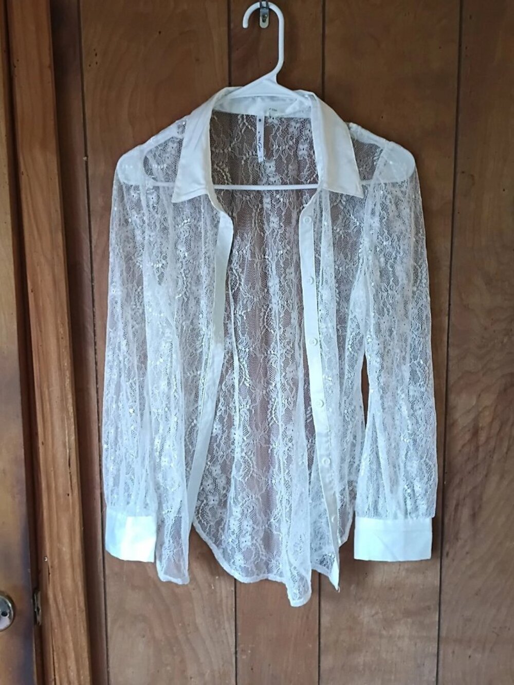 Umgee White Sheer Lace Button-Front Blouse Size S Long Sleeve Romantic Boho